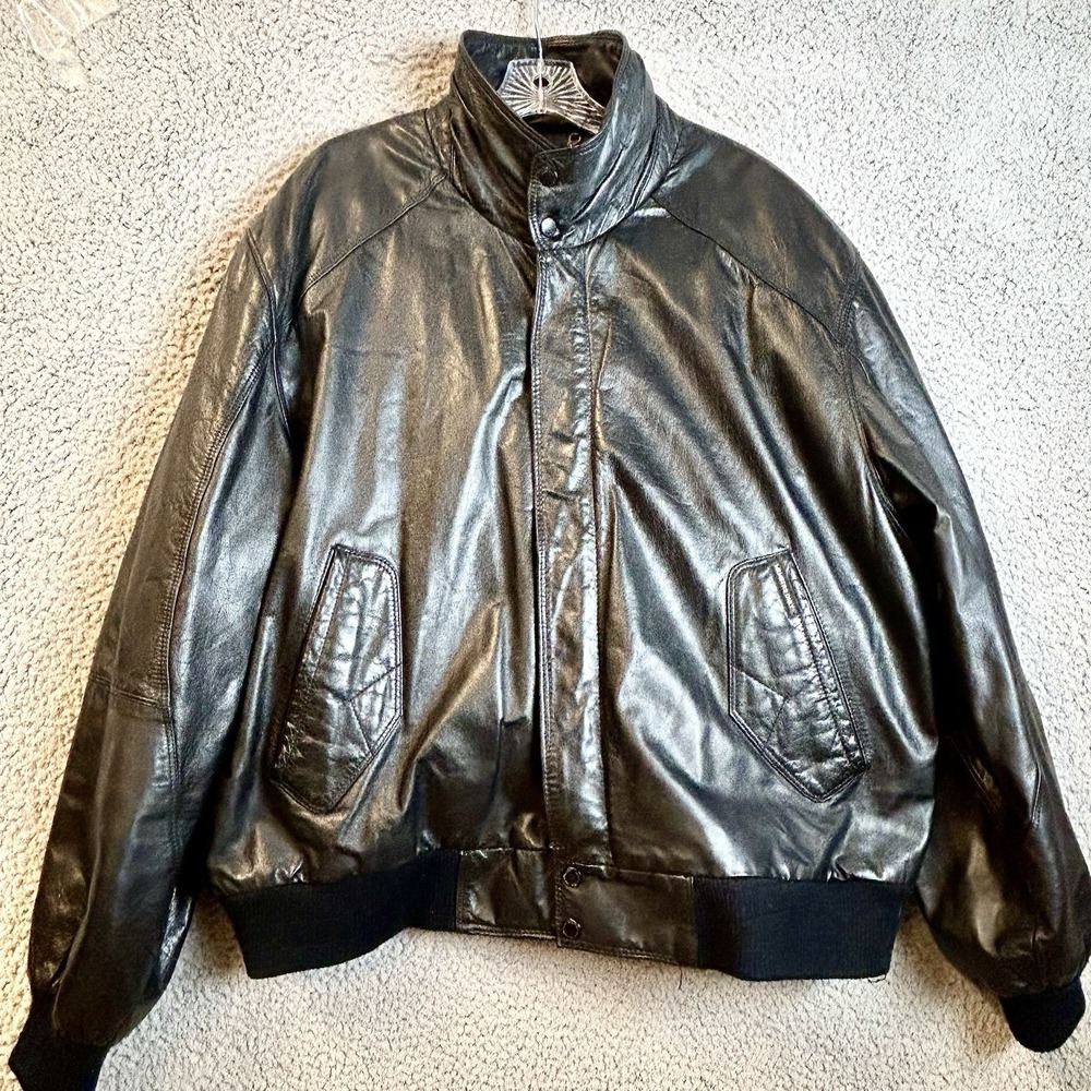 VTG Members Only Jacket Mens 46 Black Leather Bomber Sherpa Liner Flight Biker